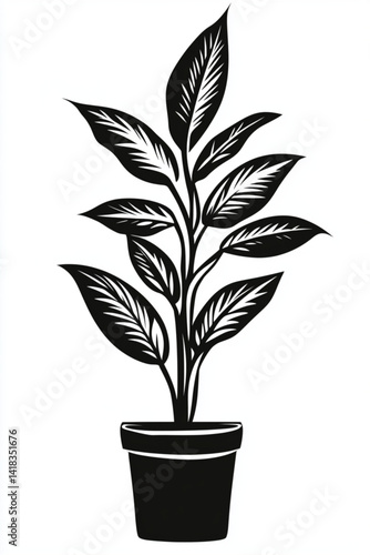 A graphic illustration of a potted plant with large detailed leaves artful