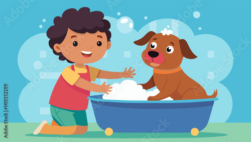 A foster pet being given a bath by a child who is meticulously scrubbing their fur with a big smile.. Vector illustration
