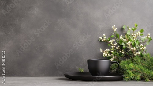Wallpaper Mural Dark coffee cup, sprig of flowers, grey background Torontodigital.ca