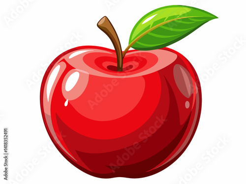 A high-quality vector illustration of a red apple with a shiny surface and a green leaf attached to the stem, isolated on a white background
