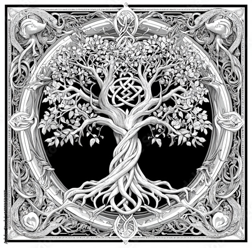 Intricate monochrome drawing of a celtic tree within an ornate border design