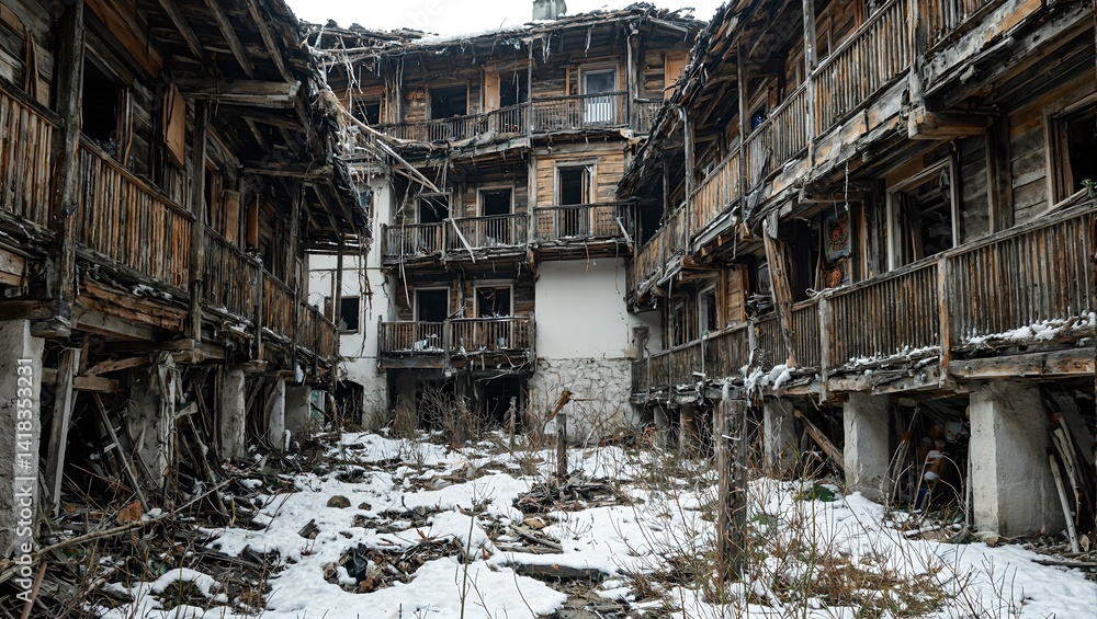 Abandoned mountain lodge in the Alps with collapsing balconies snowdrifts and moss covered hallways A haunting scene of nature reclaiming Abandoned mountain lodge in the Alps with collapsing balconies snowdrifts and moss covered hallways A haunting scene of nature reclaiming