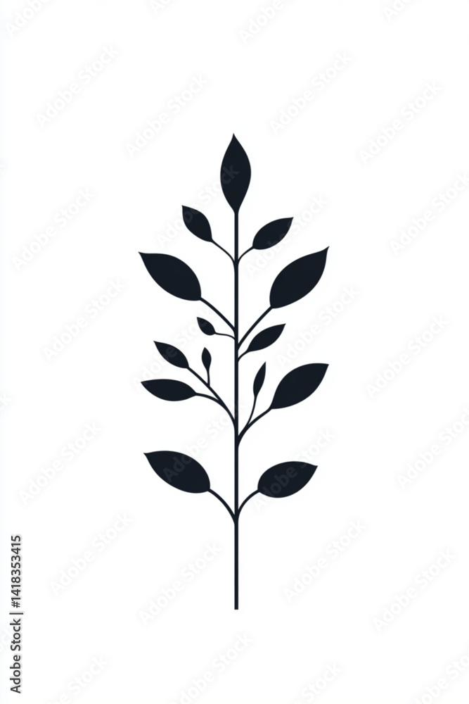 A simple black silhouette of a leafy branch on a clean white background A simple black silhouette of a leafy branch on a clean white background