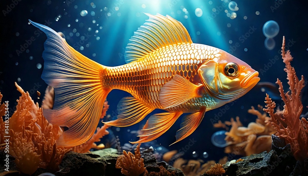 Fototapeta premium fish with shimmering, translucent scales that glow like molten gold, swimming gracefully through an enchanted underwater kingdom filled with glowing coral, bioluminescent plants, and floating pearls, 