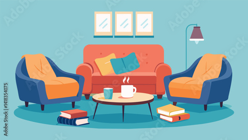 A cozy meeting spot with plush couches and throw blankets perfect for settling in and discussing the latest book with fellow literature enthusiasts.. Vector illustration