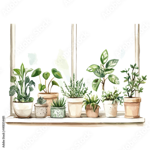Collection Of Indoor Plants On A Windowsill, watercolor vector, isolated on a white background.