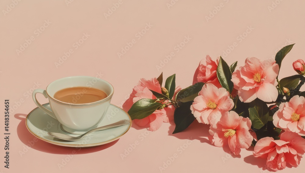 Tea in a cup with a spoon and pink flowers on a pink background. Tea in a cup with a spoon and pink flowers on a pink background.