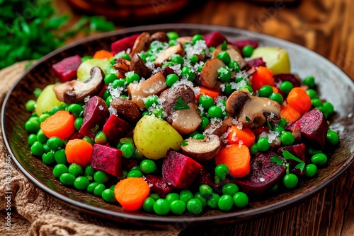 Freshly prepared vegetable medley featuring vibrant carrots, green peas, tender potatoes, earthy mushrooms, and sweet beets garnished with herbs, showcasing healthy eating