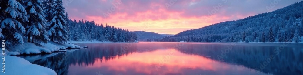 Fototapeta premium Serene snow-covered pines reflect in a tranquil, twilight winter lake , twilight, winter panorama