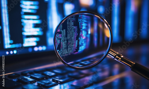 Wallpaper Mural Data analysis through magnifying glass revealing code on computer screen. Torontodigital.ca