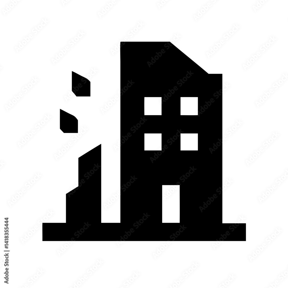 Icon of a damaged building to signify destruction or disrepair Icon of a damaged building to signify destruction or disrepair