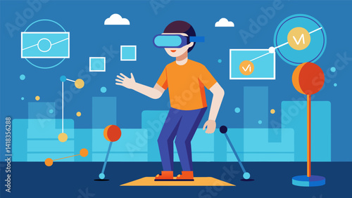 A virtual reality environment tailored for individuals with visual impairments offering exercises and simulations to improve motor and sensory skills.. Vector illustration