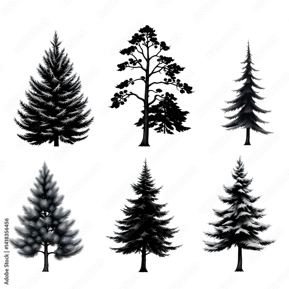 Obraz premium Six Detailed Black and White Tree Silhouettes Illustration