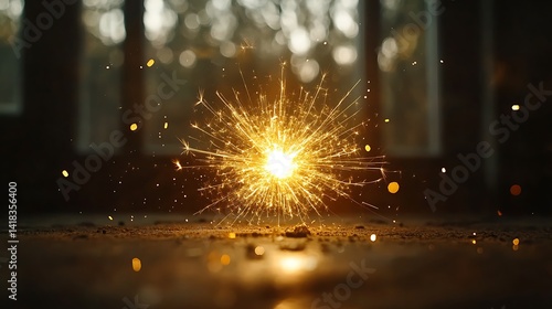 Sparkling fireworks ignite in a dark, dusty space.