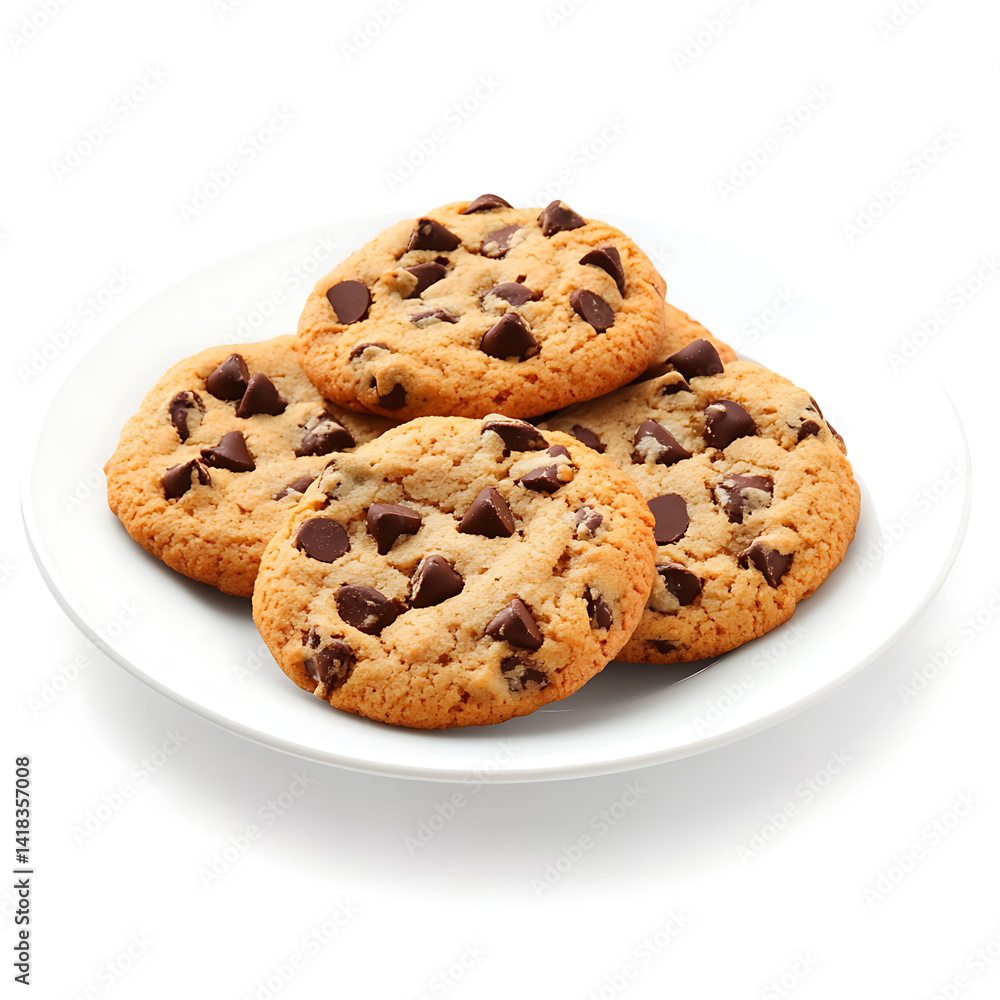 Chocolate chip cookies on a plate, isolated white background, modern art style Chocolate chip cookies on a plate, isolated white background, modern art style