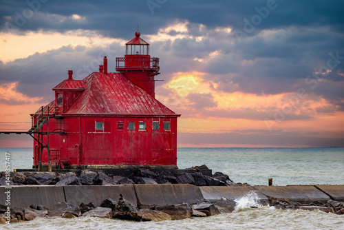 Sturgeon Bay Lighthouse in Door County, Wisconsin, at sunrise.