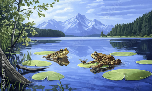 In the blue waters of a lake or pond, playful toads leap and feast on insects, croak, and rest on lily pad leaves, with tree branches on the shore and mountains in the background