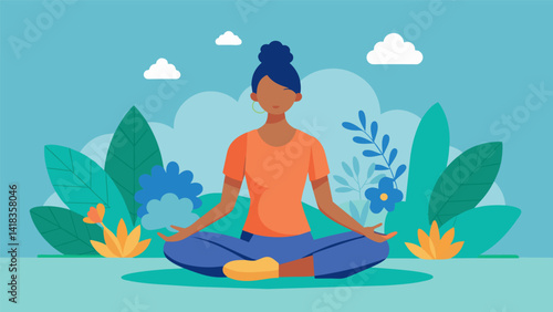 Find your inner Zen in a serene virtual garden practicing yoga poses and deep breathing exercises before your workout.. Vector illustration