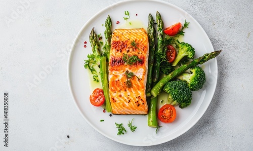 Grilled salmon fillet with asparagus broccoli and tomatoes on a white plate.