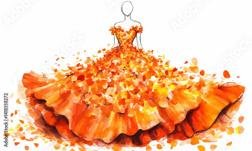 Long evening dress sketch. Gown made from flowers orange petals, long flared skirt with oversized layers, elegant.