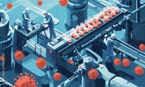 Mass production of the Covid-19 vaccine using large-scale machinery is shown in a illustration.
