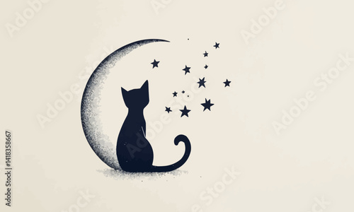 Minimalistic illustration of a black cat sitting under a crescent moon with stars scattered around on a light background.