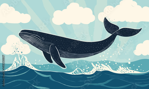 Modern illustration showing whales diving and splashing in the water. A large sea creature swims in the ocean