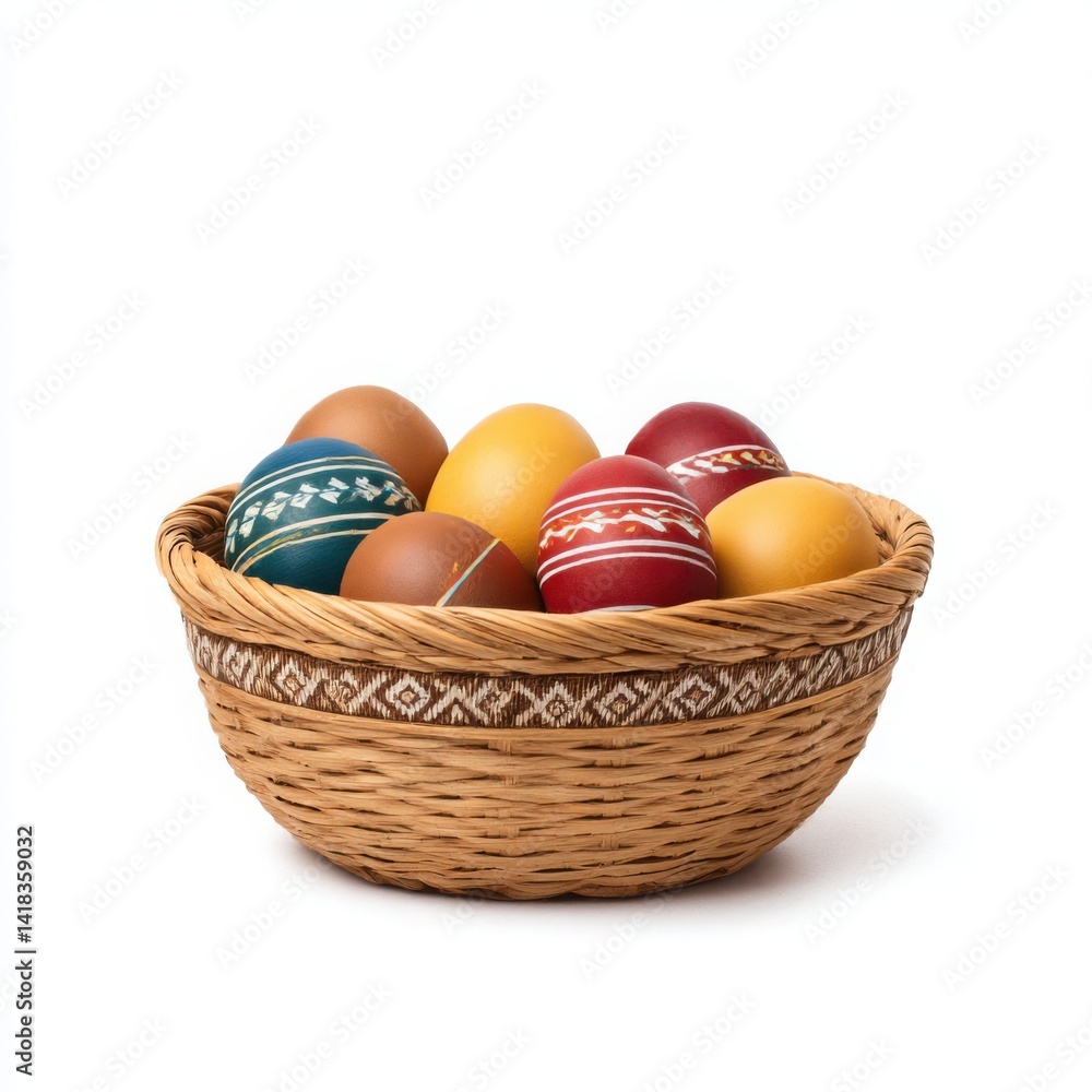 Naklejka premium Basket of decorated eggs isolated on white background