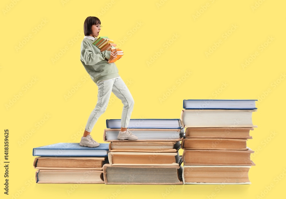 Shocked young woman with many books on yellow background