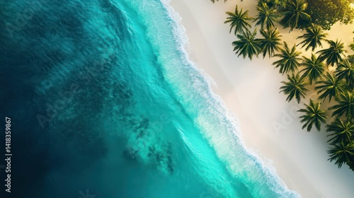 Fototapeta Naklejka Na Ścianę i Meble -  Aerial view of a tropical beach with palm trees and turquoise ocean.