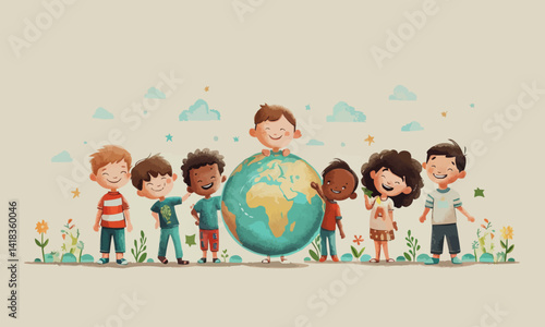 International Children's Day. Happy children of different nationalities standing around a globe