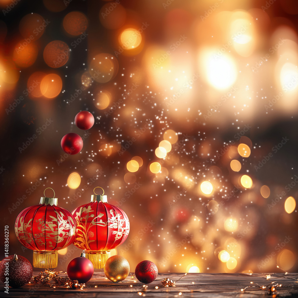 Festive red lanterns with sparkling bokeh background, Christmas ornaments, warm holiday atmosphere, copy space for text. Festive red lanterns with sparkling bokeh background, Christmas ornaments, warm holiday atmosphere, copy space for text.