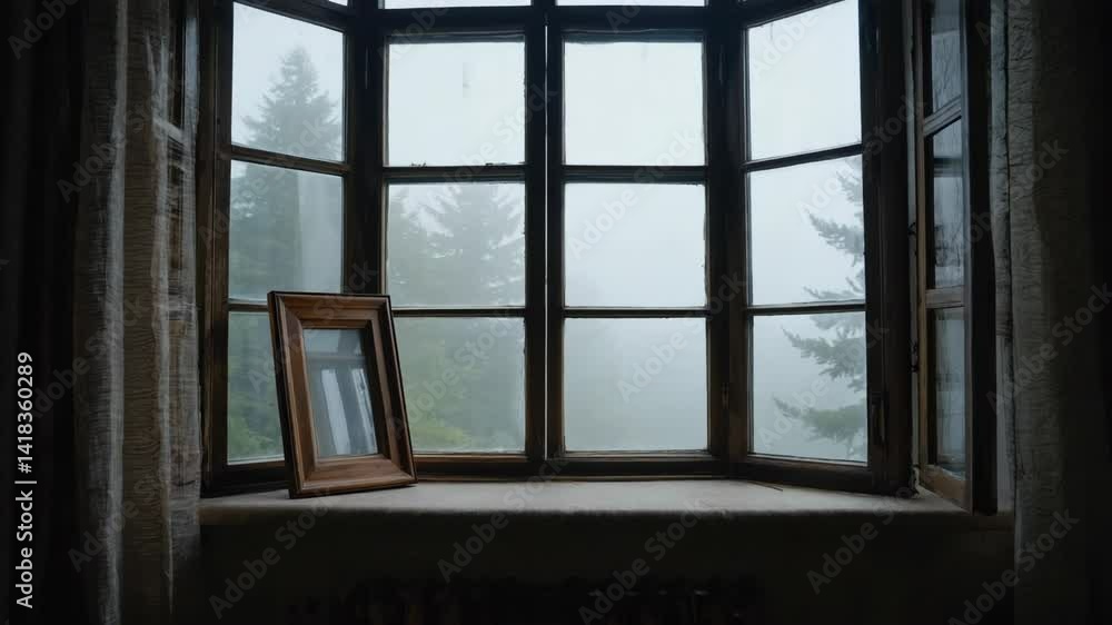 Rustic window view featuring misty trees beyond glass panes and a wooden picture frame on the sill creates moody interior scene. Rustic window view featuring misty trees beyond glass panes and a wooden picture frame on the sill creates moody interior scene.