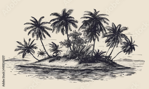 Islands with palms landscape hand drawn ink sketch. Engraving style vector illustration