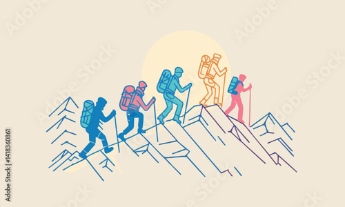 physical challenge and endurance of hiking in a vector scene featuring hikers conquering steep ascents navigating rugged terrains and pushing their limits