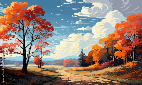 Picturesque natural autumn landscape with sun, blue sky, road and beautiful trees with red and orange foliage, vector