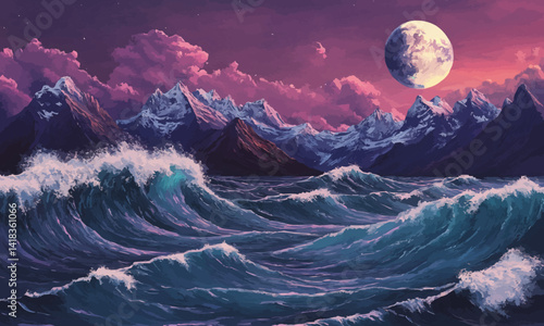 Pink Sky Moonlight Over Rolling Ocean Waves and Mountains