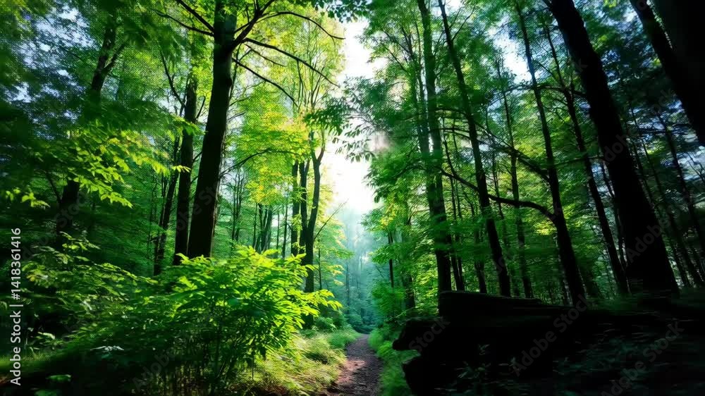 Lush green forest path illuminated by sunlight Lush green forest path illuminated by sunlight