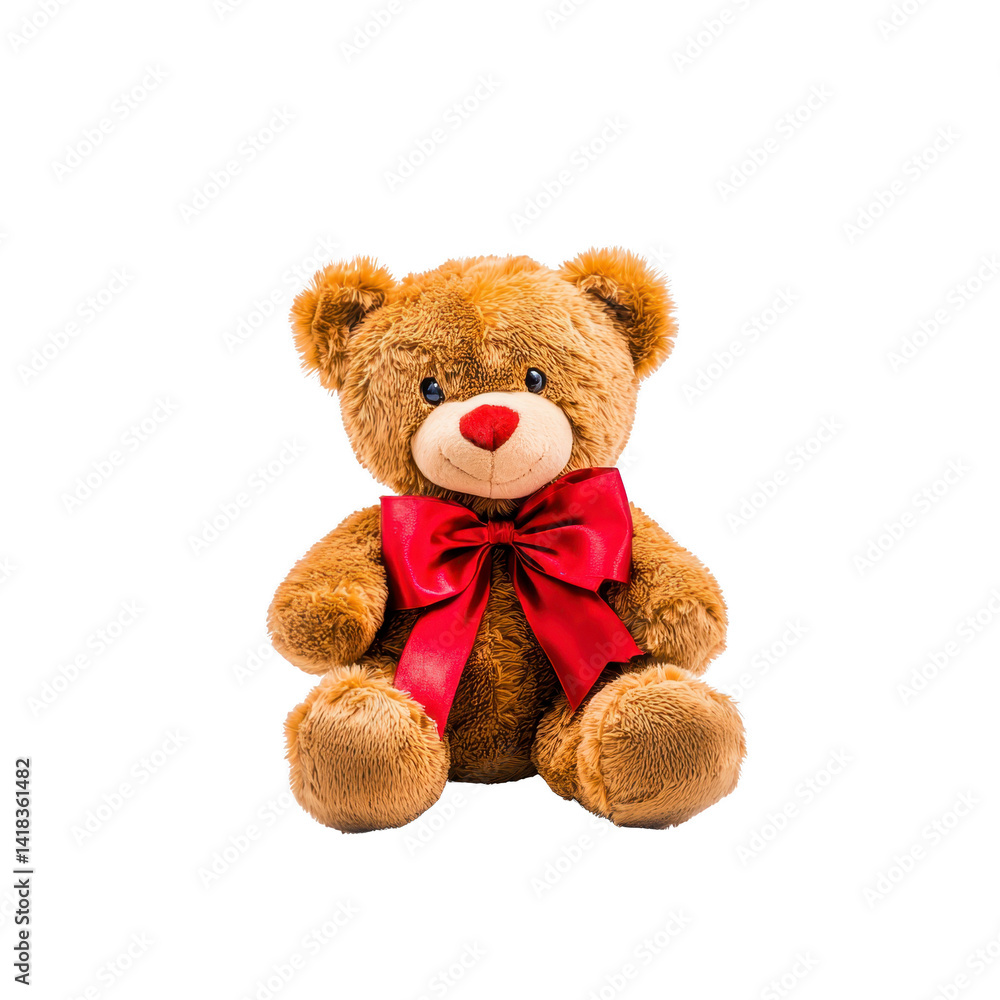 Obraz premium cute brown teddy bear with red bow sits against transparency background, exuding warmth and charm. plush toy is perfect for gifting and adds touch of coziness to any space