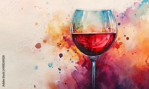 Red wine glass and colorful paint watercolor canvas