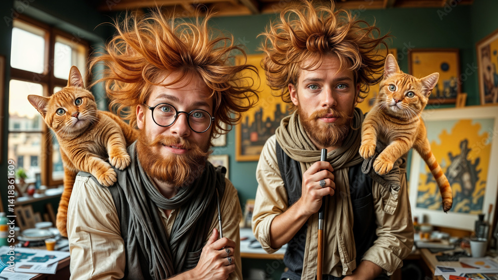 Bearded artist posing with doppelgänger in fantasy style Bearded artist posing with doppelgänger in fantasy style