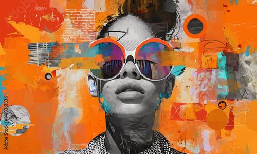 Mixed-Media colorful portrait of woman in modern sunglasses with different collage elements in orange background