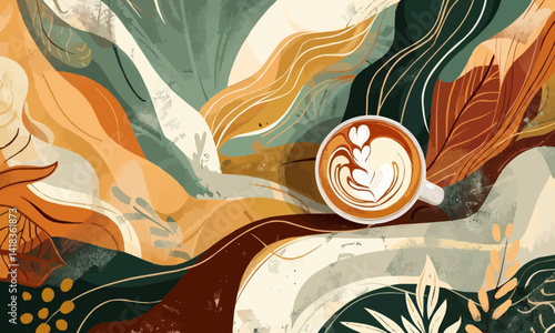 Modern abstract art prints with coffee and nature themes, vector illustrations for home decor