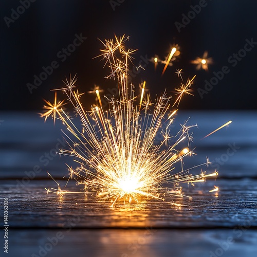 Sparkling firework display on a dark wooden surface.