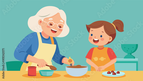 A grandmother and her grandchild laugh and chat while mixing together the ingredients for their famous cookies.. Vector illustration