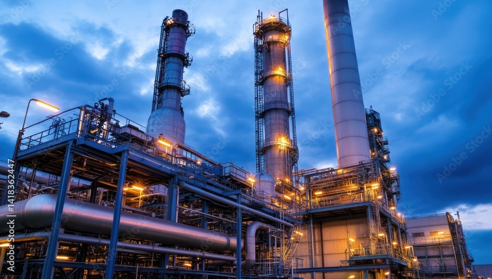 Industrial plant with illuminated structures and chimneys against a cloudy evening sky. Industrial plant with illuminated structures and chimneys against a cloudy evening sky.