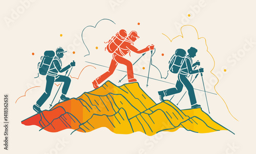 physical challenge and endurance of hiking in a vector scene featuring hikers conquering steep ascents navigating rugged terrains and pushing their limits
