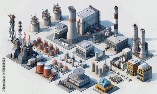 Power plant and substations isometry bundle. Energy production, heavy industry, various types of factory buildings, electricity production, technological facilities, nuclear energy hydroelectric units