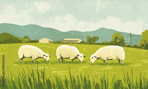 Rural farming and livestock management illustrated with three sheep grazing on green grass on a summer day