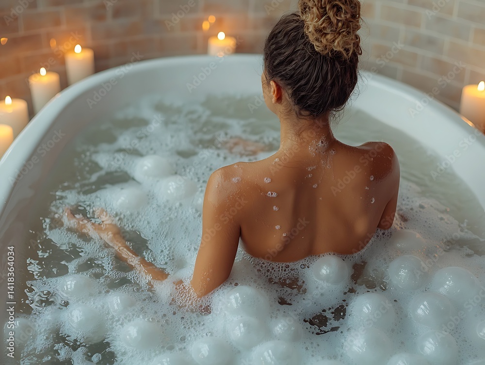 Obraz premium Woman relaxing in a frothy bubble bath, surrounded by candles.